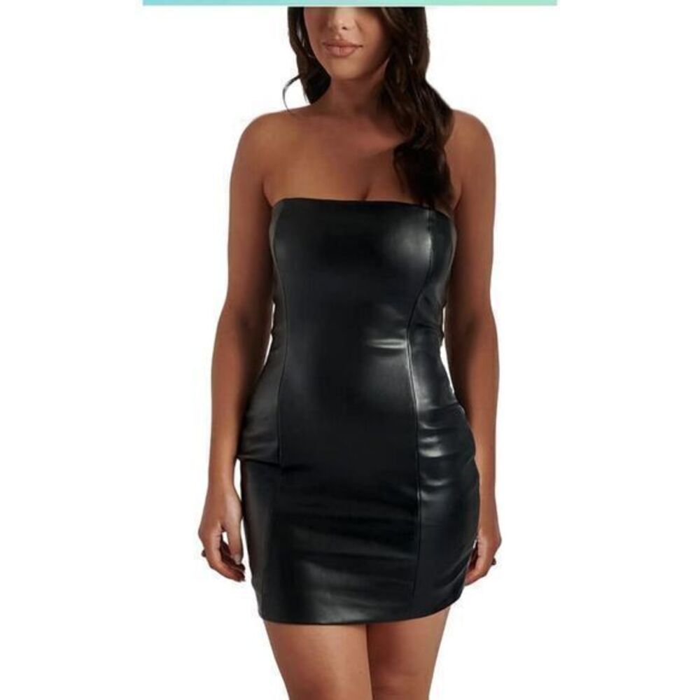 Micas Sleek Black Faux Leather Strapless Mini Dress Edgy Night Out Style Size M